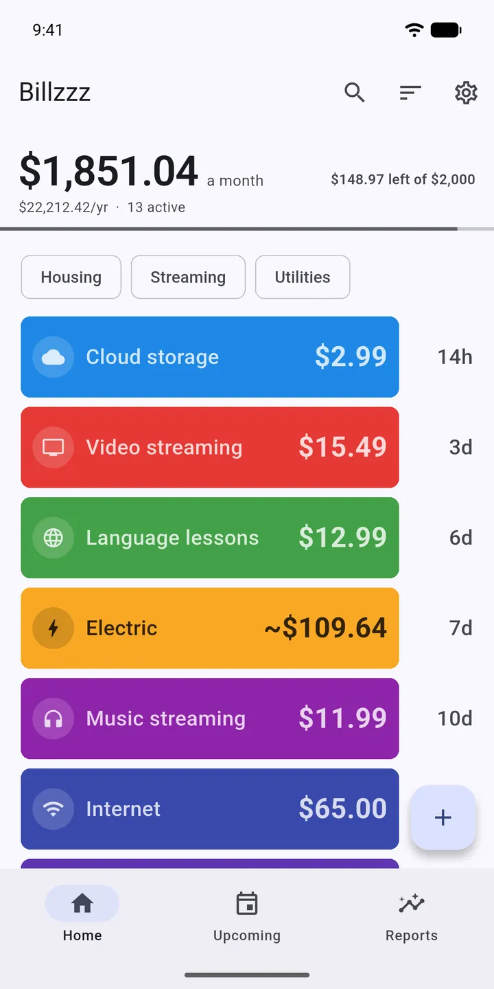 Billzzz home screen: $1,851.04 a month across 13 bills, each with the time until its next charge.