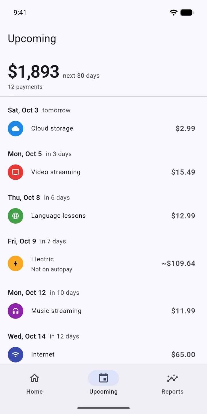 Billzzz Upcoming screen: $1,893 due over the next 30 days, listed by date.