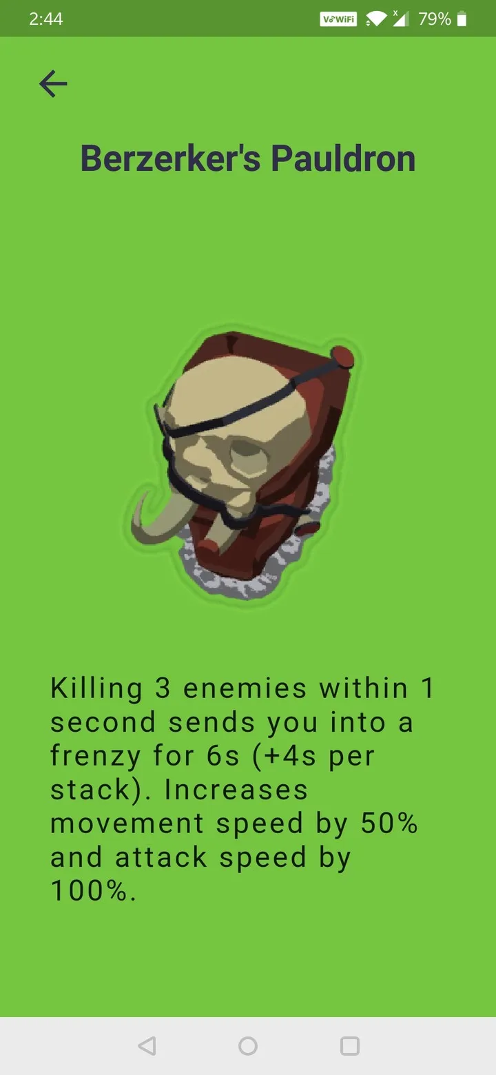 Risk of Rain 2: Index item page for Berzerker's Pauldron, with its art and what it does.