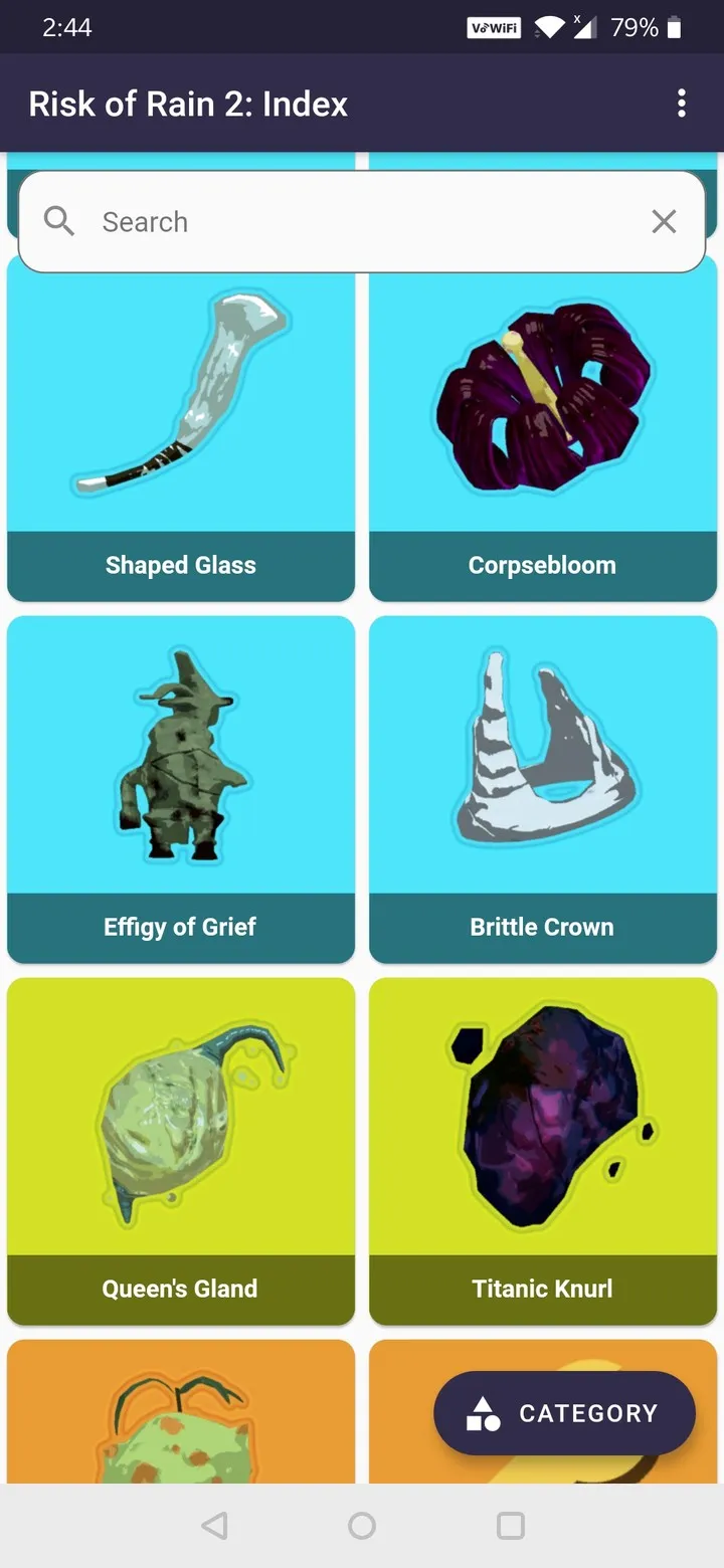 Risk of Rain 2: Index item grid with search, each item tile colored by its category.