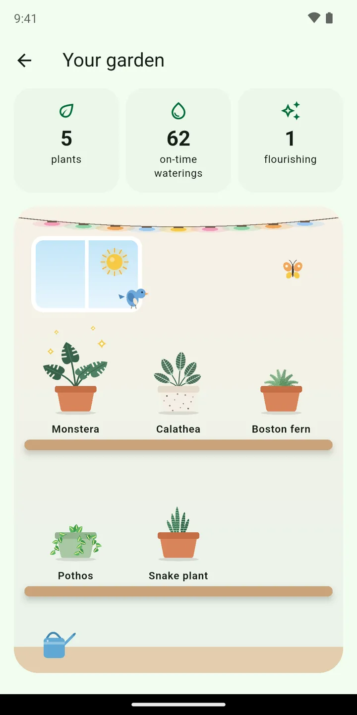 Thirsty garden: five illustrated plants on shelves, with 62 on-time waterings.