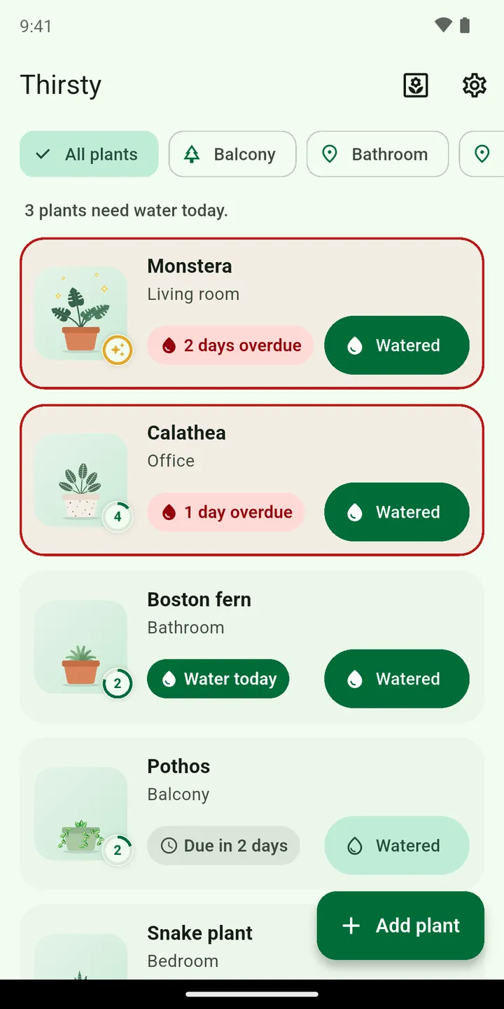 Thirsty plant list: Monstera and Calathea are overdue, Boston fern needs water today.